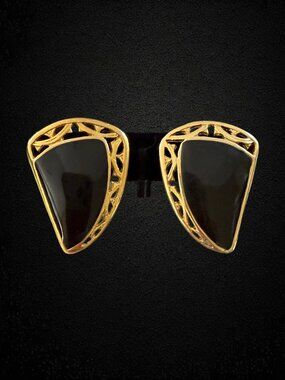 Vintage Bergere Black Enamel Gold Tone Clip Earrings Geometric Statement 80s